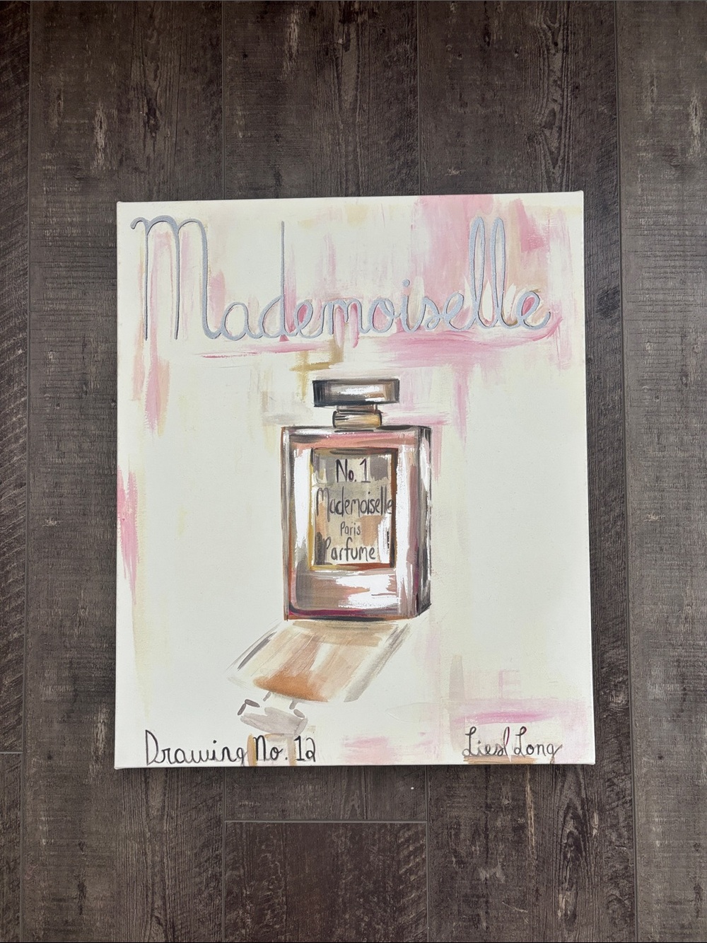 Mademoiselle Pink and Cream Perfume Bottle Canvas Art Liesl Long Drawing No. 12